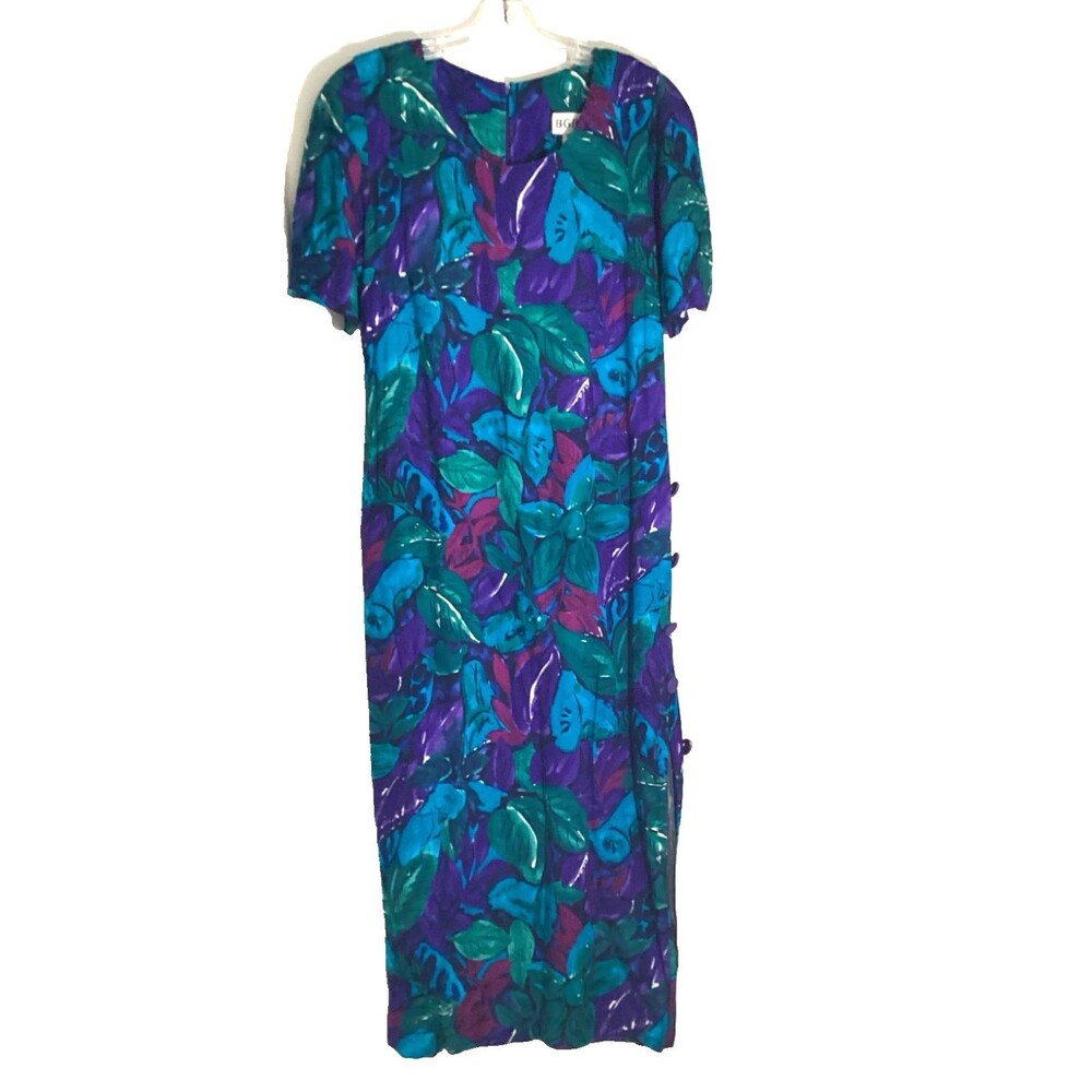 Vintage BGB Maxi Dress L Vibrant Blue Green Purple Tropical Shldr Pads 80s 90s